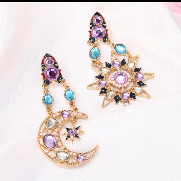 Celestial~Sun & Moon Whimsigoth Pink Blue Crystal Dangle Earrings - Picture 9 of 11